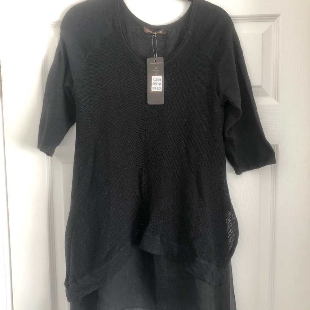 Black 3/4 Sleeve Knit Tunic with Satin Underlayer